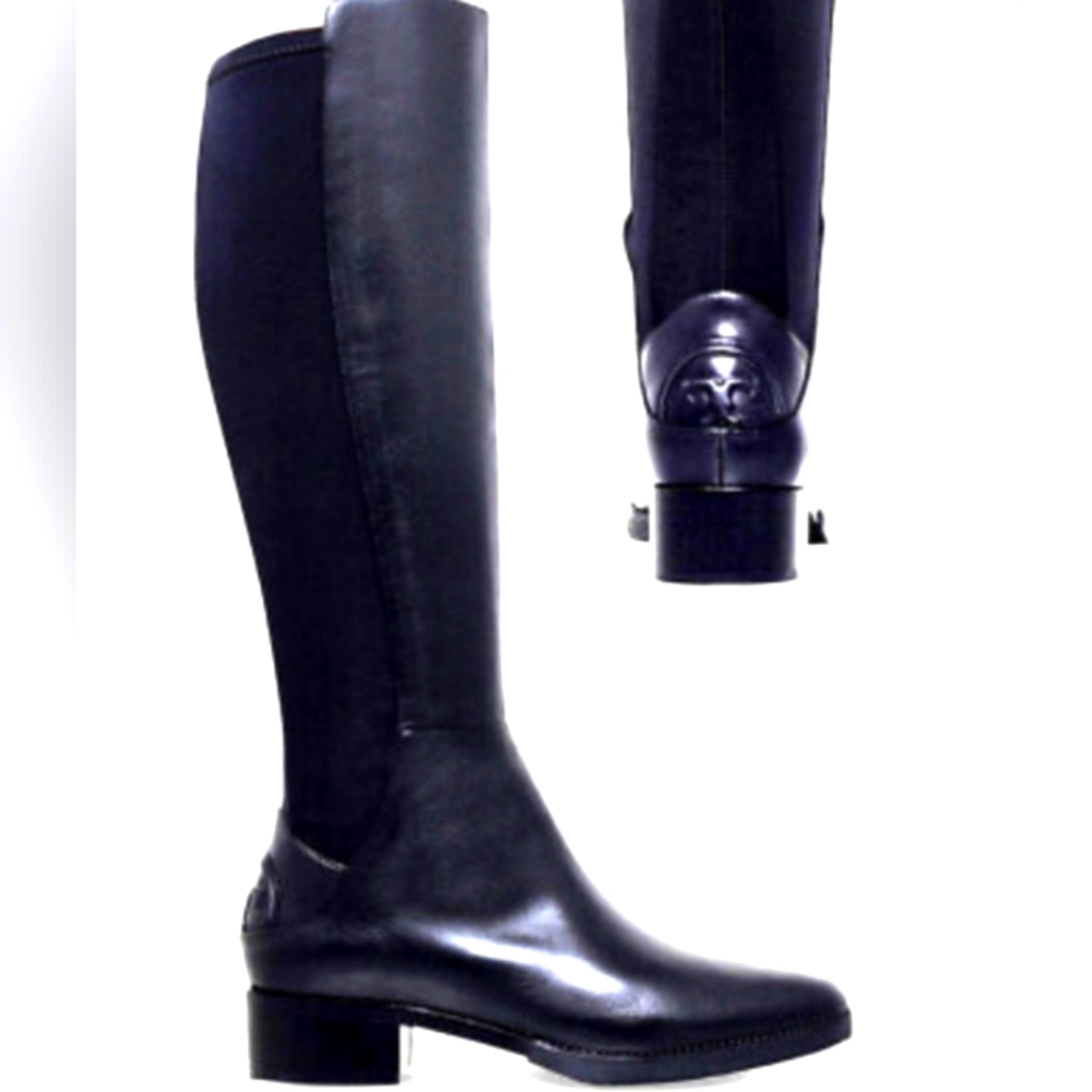 Tory Burch CAITLIN Riding Tall Flat Equestrian Boots Stretch Engraved Logo. 8.5